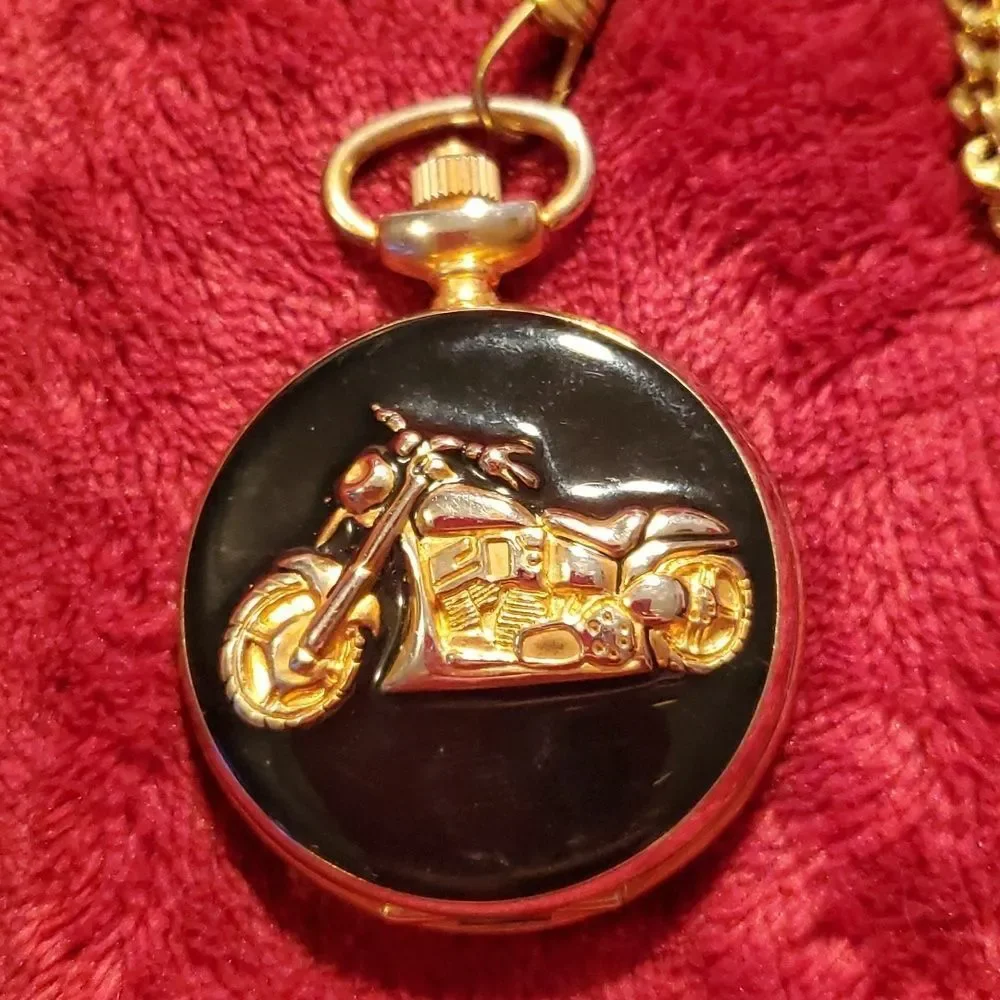 Milan Motorcycle Black & Gold Enameled Pocketwatch Watch with Chain‎ & Clip